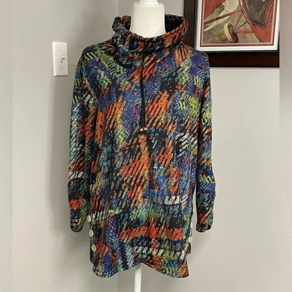 Ali Miles Abstract Artsy Colorful Cowl Neck Tunic Long Sleeve L Large Lagenlook - Picture 1 of 5